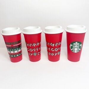 4 STARBUCKS Reusable Christmas Tree Holiday Red Grande 16oz Cups Ribbon 2013